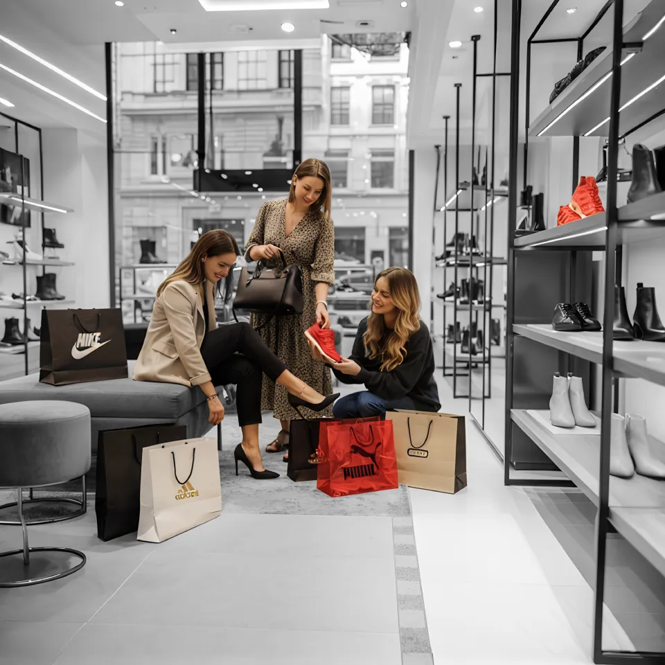 3 women happily trying shoes in a shoe store interior with some everyday use shopping bags around