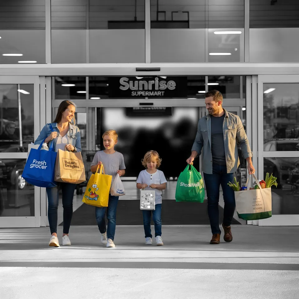 A family walking out a supermarket or grocery store carrying various types of shopping bags
